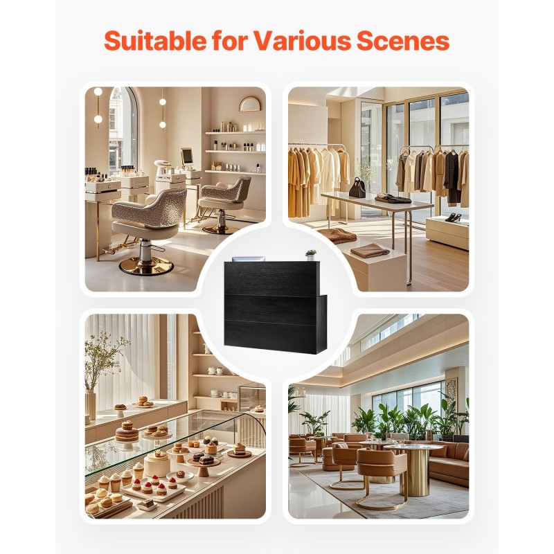 Vastaanottotiski L-muotoinen MDF 1400x800x1200 mm musta lukittava kaappi näppäimistötaso