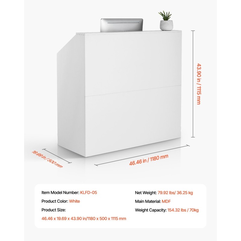 Vastaanottotiski MDF-levy valkoinen mitat 1180×500×1115 millimetriä