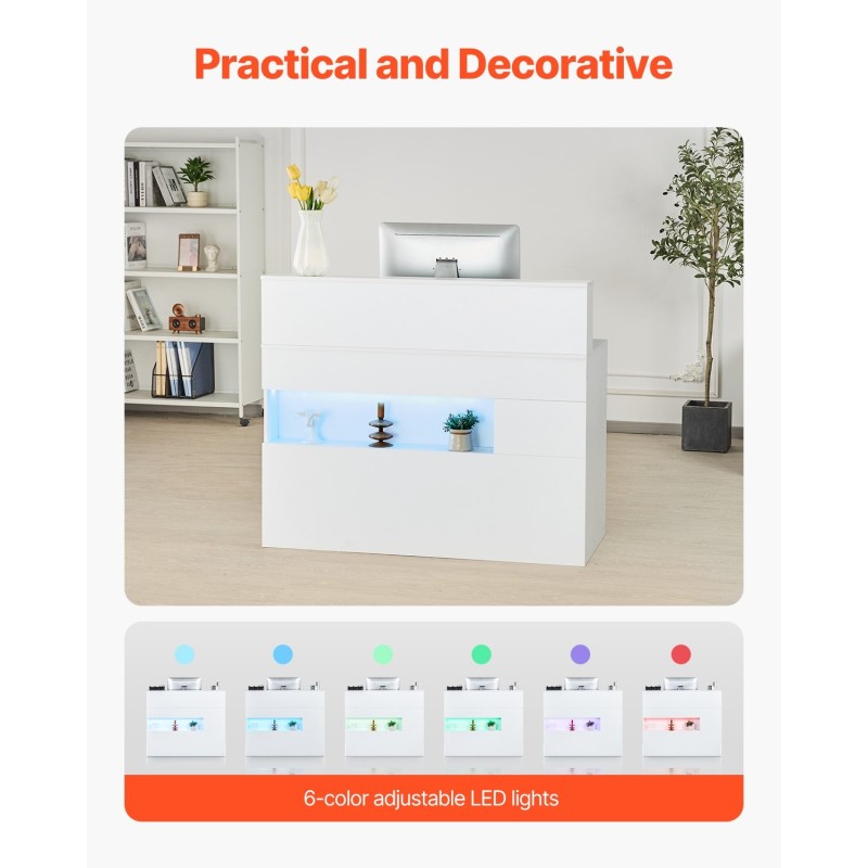 Vastaanottotiski MDF 1200 x 475 x 1000 mm valkoinen LED-valaistus USB-portit toimistoon