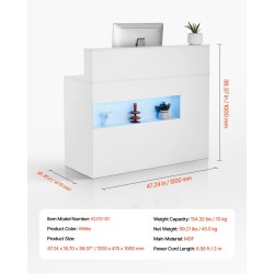 Vastaanottotiski MDF 1200 x 475 x 1000 mm valkoinen LED-valaistus USB-portit toimistoon