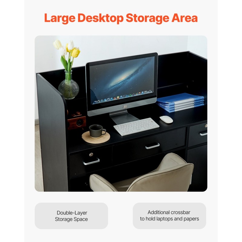 Vastaanottotiski MDF musta koko 1200 x 480 x 1100 mm lukittava laatikko