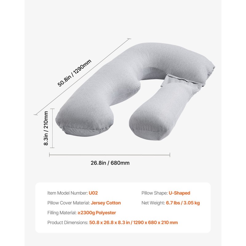U-muotoinen raskausajan koko kehon tukityyny jerseypuuvillapäällisellä polyesteritäytteellä