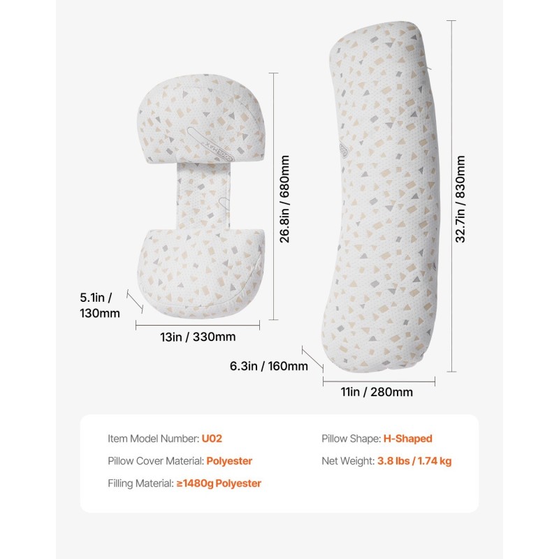 H-muotoinen raskaus- ja vartalotyyny vähintään 1480 g polyesterikuitutäytteellä irrotettavalla konepestävällä päällisellä