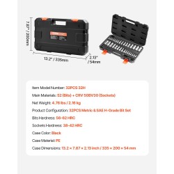 Kuusiokolohylsysarja 32-osainen metriset ja SAE-koot S2-seosteräs PE-säilytyskotelolla