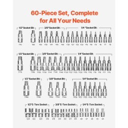 Torx-hylsysarja 60-osainen S2-kärjet CRV 50BV30 hylsyt T6–T70 TT6–TT70 TP8–TP60 E4–E24