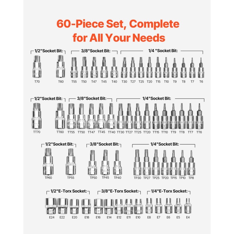 Torx-hylsysarja 60-osainen S2-kärjet CRV 50BV30 hylsyt T6–T70 TT6–TT70 TP8–TP60 E4–E24