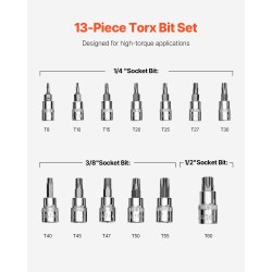 Torx-hylsysarja 13-osainen T8–T60 S2-seosteräs Cr-V-hylsyt PE-säilytyskotelo