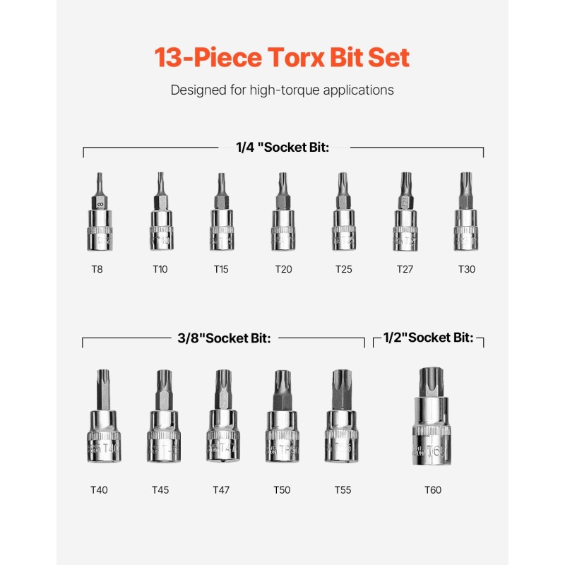 Torx-hylsysarja 13-osainen T8–T60 S2-seosteräs Cr-V-hylsyt PE-säilytyskotelo