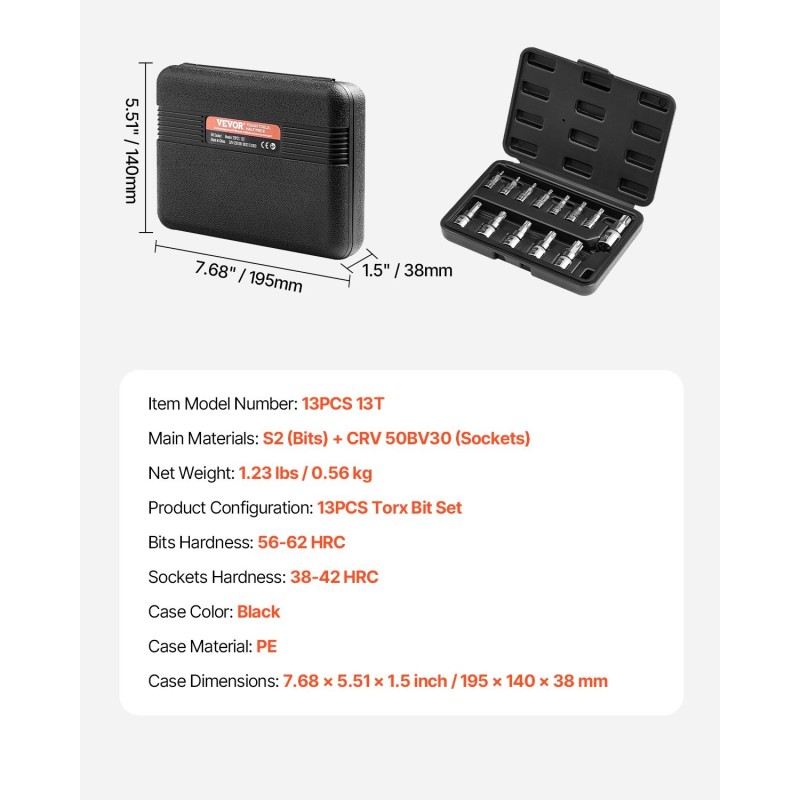 Torx-hylsysarja 13-osainen T8–T60 S2-seosteräs Cr-V-hylsyt PE-säilytyskotelo