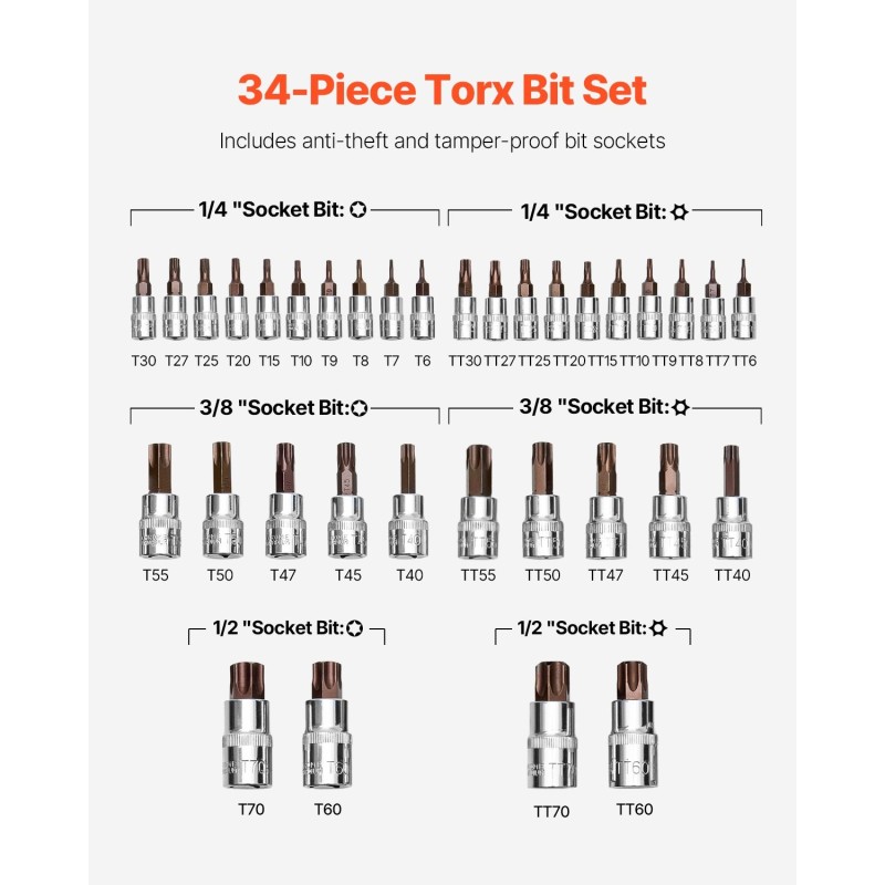Torx-hylsyavainsarja 34-osainen S2-kärjet Cr-V-hylsyt T6–T70 turva-Torx-kärjillä PE-säilytyslaukulla