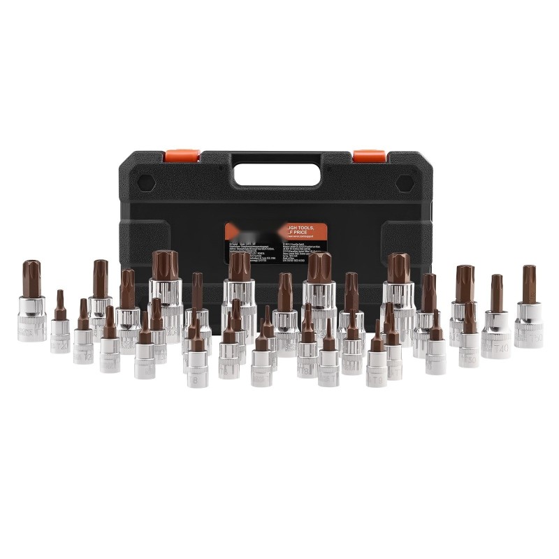 Torx-hylsyavainsarja 34-osainen S2-kärjet Cr-V-hylsyt T6–T70 turva-Torx-kärjillä PE-säilytyslaukulla