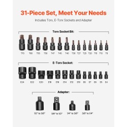 31-osainen Torx- ja ulko-Torx-hylsysarja T8–T70 ja E4–E24 S2-seosterä CRV-teräshylsyt PE-säilytyskotelo