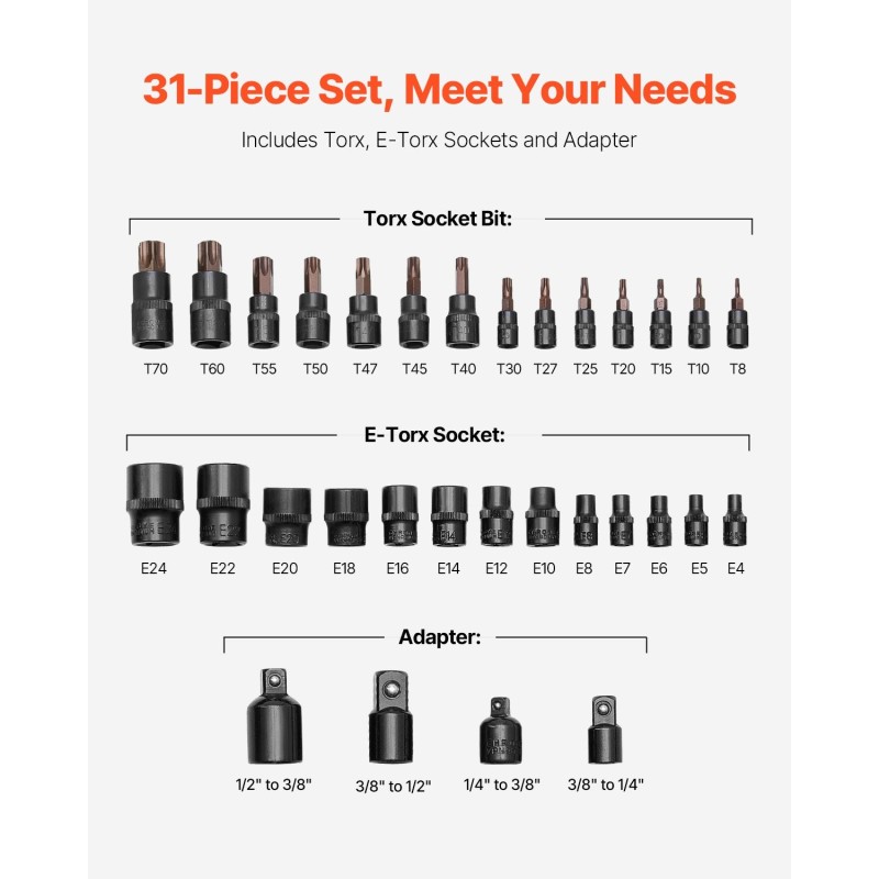 31-osainen Torx- ja ulko-Torx-hylsysarja T8–T70 ja E4–E24 S2-seosterä CRV-teräshylsyt PE-säilytyskotelo