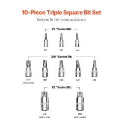 XZN-kolmikantahylsysarja 10-osainen Cr-V-teräs M4–M18 1/4-, 3/8- ja 1/2-tuumaisille