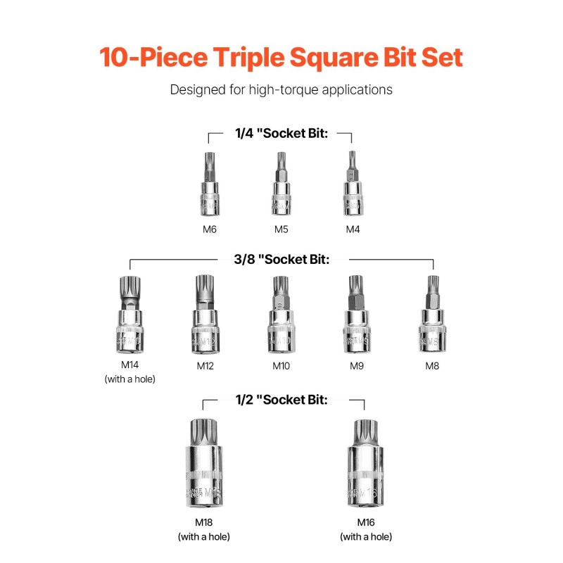 XZN-kolmikantahylsysarja 10-osainen Cr-V-teräs M4–M18 1/4-, 3/8- ja 1/2-tuumaisille