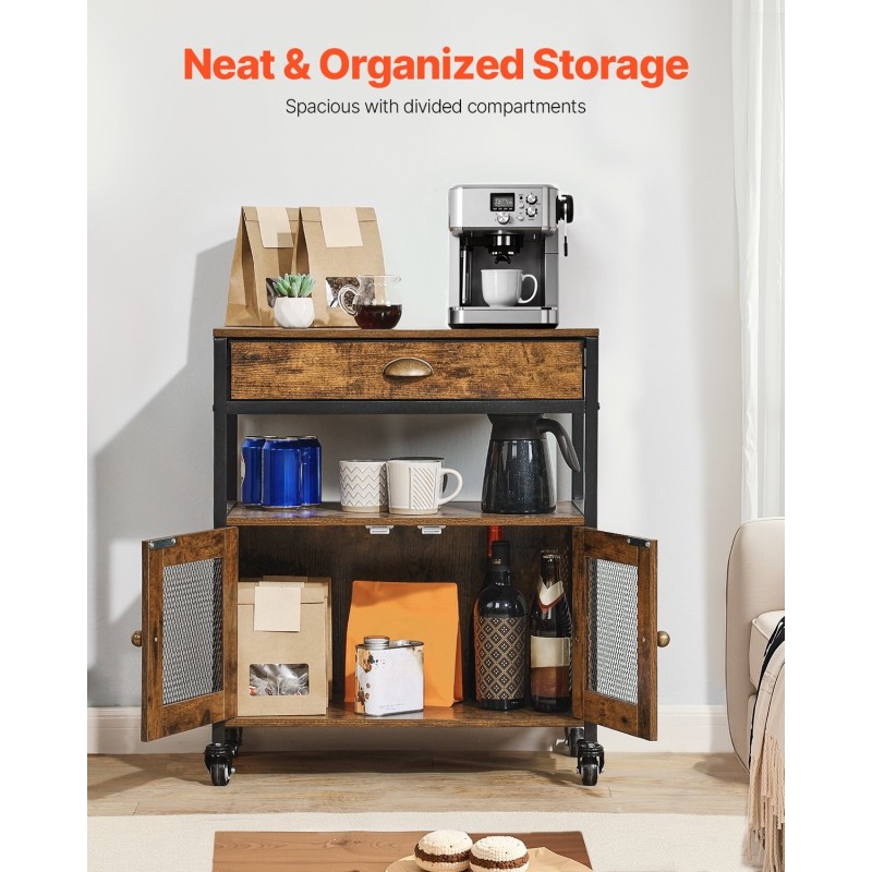 Kahvibaari-kaappi MDF-levy ja hiiliteräsrunko 4-tasoinen pyörillä verkkoritiläovilla