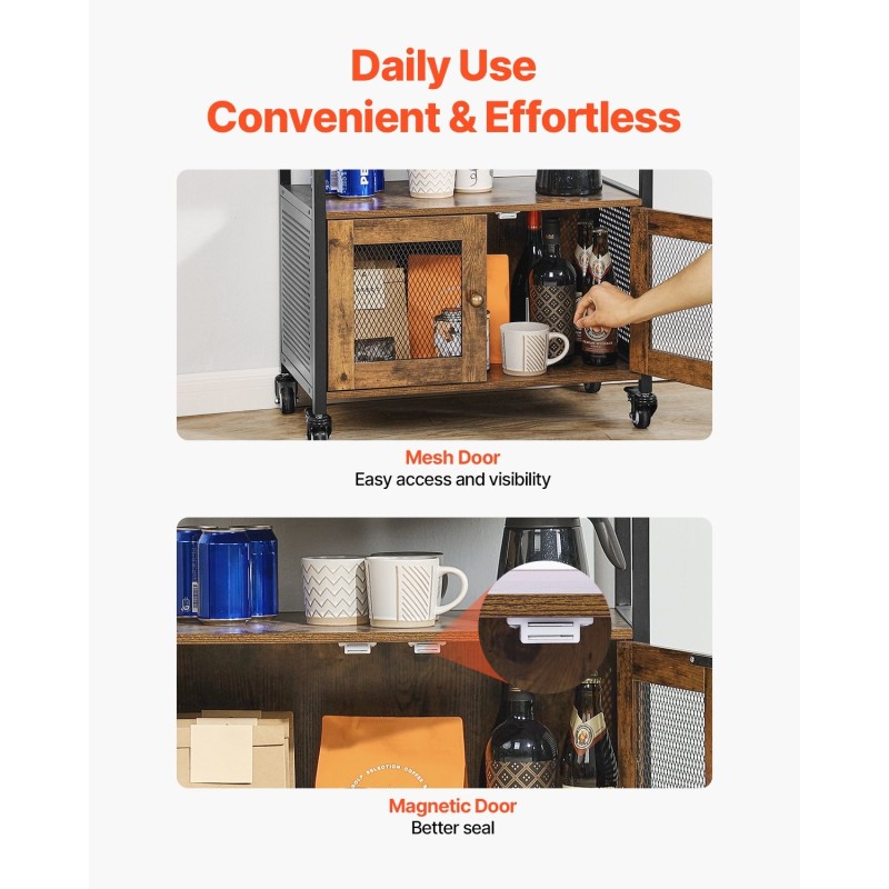 Kahvibaari-kaappi MDF-levy ja hiiliteräsrunko 4-tasoinen pyörillä verkkoritiläovilla