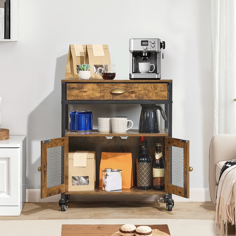 Kahvibaari-kaappi MDF-levy ja hiiliteräsrunko 4-tasoinen pyörillä verkkoritiläovilla