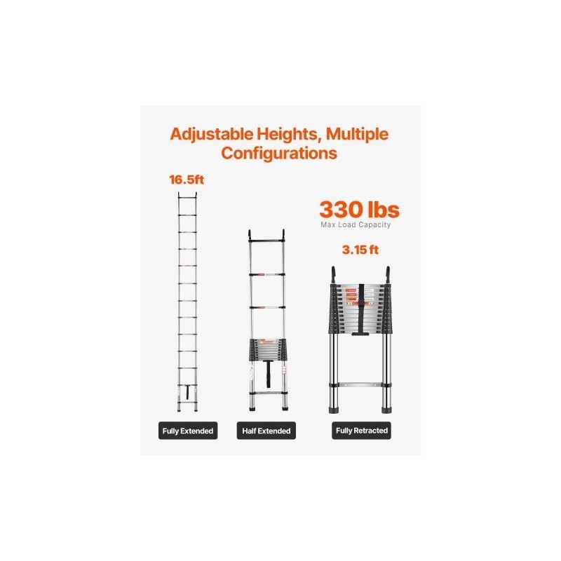 Teleskooppitikas ruostumatonta terästä pidentyvä 5030 mm 13 askelmaa liukumattomat jalat 170 kg