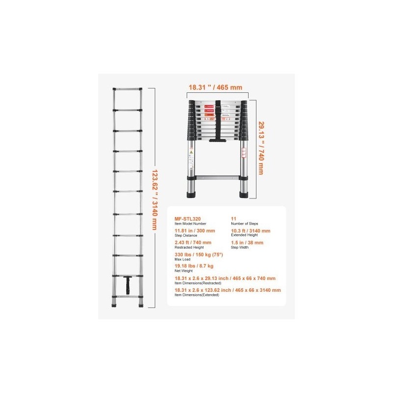 Teleskooppitikas ruostumattomasta teräksestä 3140 mm kokoon taitettava 150 kg