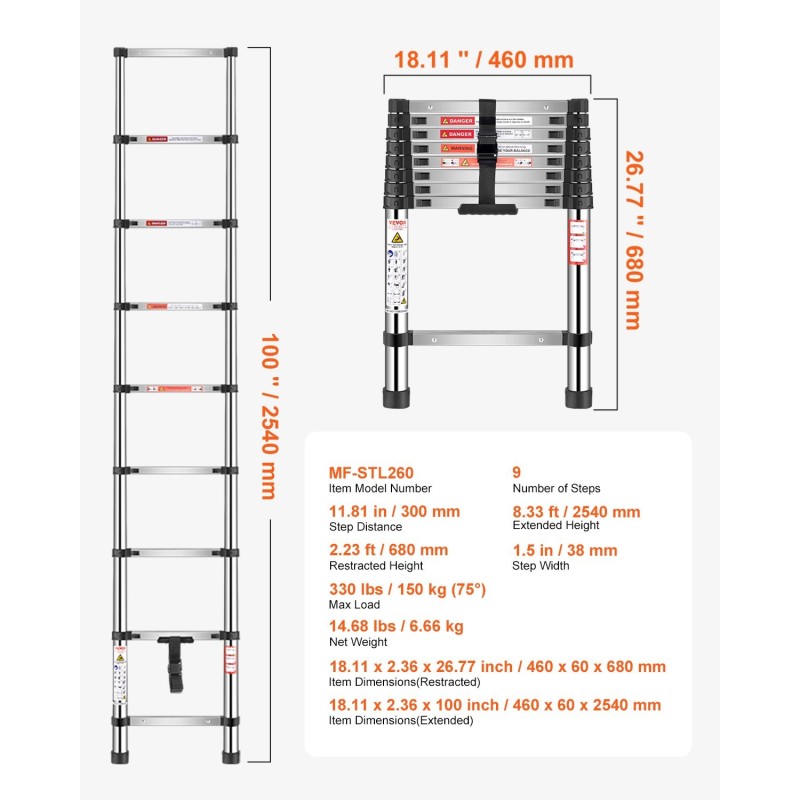Teleskooppitikkaat ruostumattomasta teräksestä taitettavat 2540 mm 9 askelmaa 170 kg