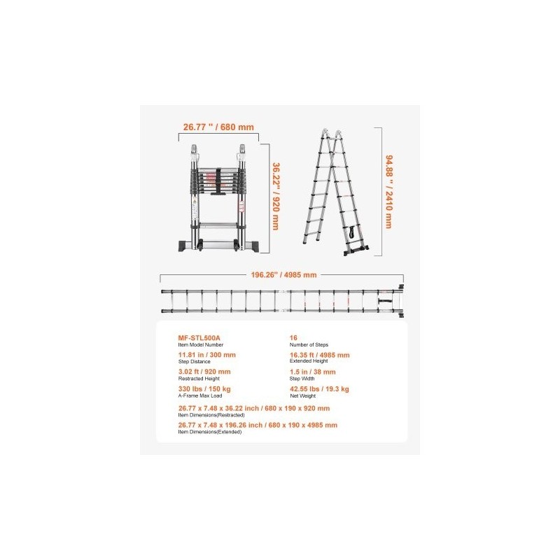 Teleskooppiset A-tikkaat ruostumattomasta teräksestä taitettavat korkeussäädettävät ja tukevat