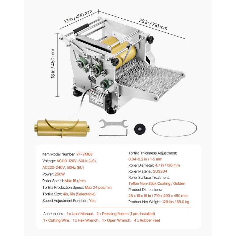 Sähköinen tortillakone SUS304 ruostumaton teräs 4- ja 6-tuumaiset 1-5 mm paksuus