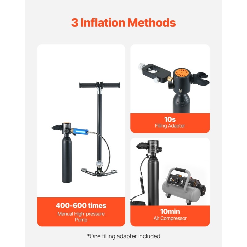 Kannettava alumiini 6061 sukellussäiliö 0,5 l 20 MPa musta 10 m maksimisyvyys