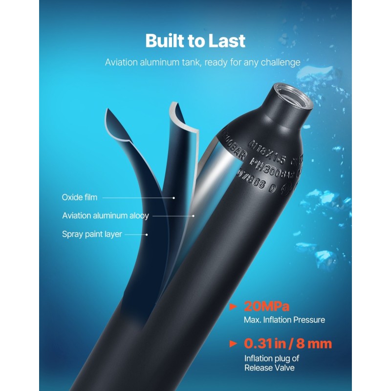 Sukelluspullo 0,5 l alumiini 6061 musta maksimisukellussyvyys 30 m