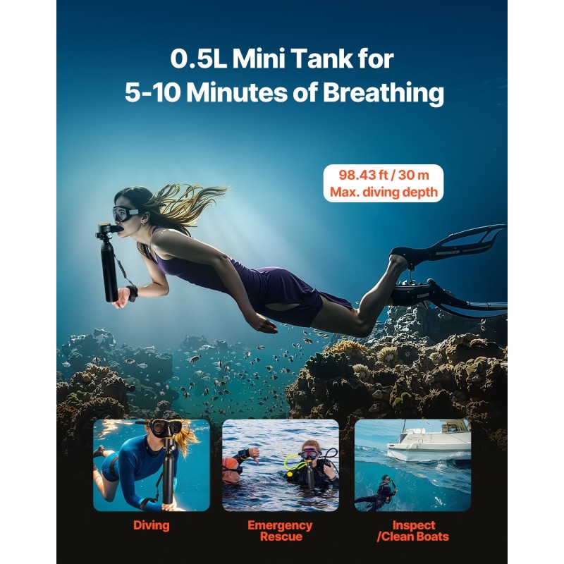 Sukelluspullo alumiini 6061 0,5 l kannettava lyhyisiin sukelluksiin käsipumpulla