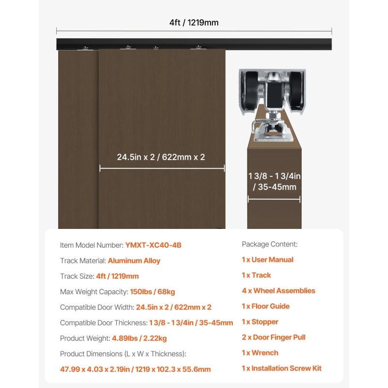 Liukuovikiskosarja alumiiniseos 1219 mm kahden oven järjestelmään 35–45 mm ovipaksuudelle