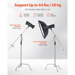 C-valaisinjalusta puomivarrella 201-ruostumaton teräs säädettävä korkeus 1463–2987 mm 20 kg kantavuus