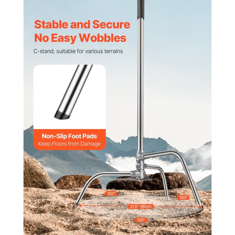 C-valaisinjalusta puomivarrella 201-ruostumaton teräs säädettävä korkeus 1463–2987 mm 20 kg kantavuus