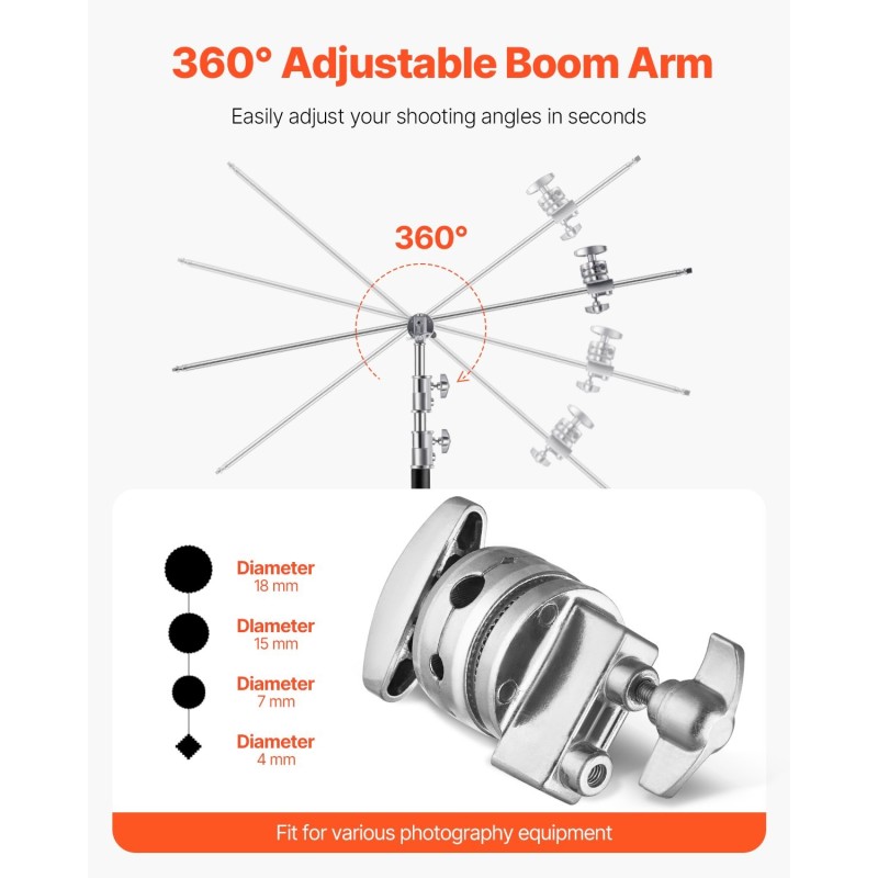 C-valaisinjalusta puomivarrella 201-ruostumaton teräs säädettävä korkeus 1463–2987 mm 20 kg kantavuus