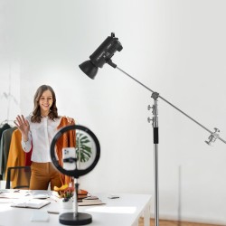 C-valaisinjalusta puomivarrella 201-ruostumaton teräs säädettävä korkeus 1463–2987 mm 20 kg kantavuus