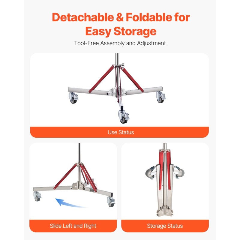 Kolmijalkainen valojalusta pyörillä ruostumaton teräs 1463–2987 mm 20 kg kantavuus
