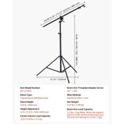 Kolmijalkainen valaisinjalusta alumiiniseos ja rautarunko ilmatyynyvaimennettu puomivarrella 1140–4000 mm