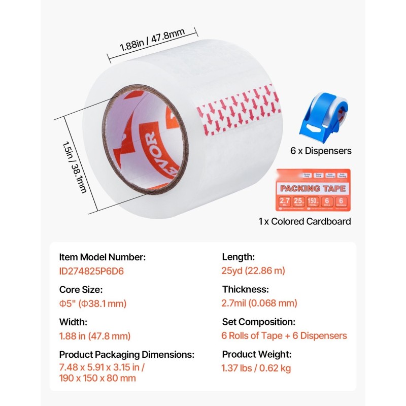 Läpinäkyvä pakkausteippi akryyliliimalla 47,8 mm 22,86 m 6 rullaa