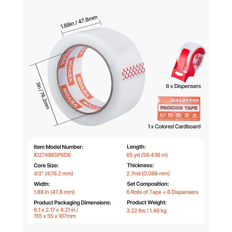 Pakkausteippi läpinäkyvä 47,8 mm 59,4 m 6 rullaa akryyliliimalla annostelijalla