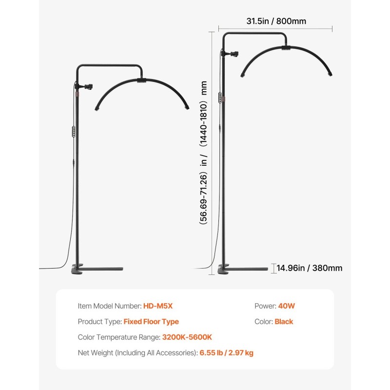 LED-lattiavalaisin puolikuu-muotoinen 26-tuumainen musta alumiinijalustalla kauneudenhoitoon