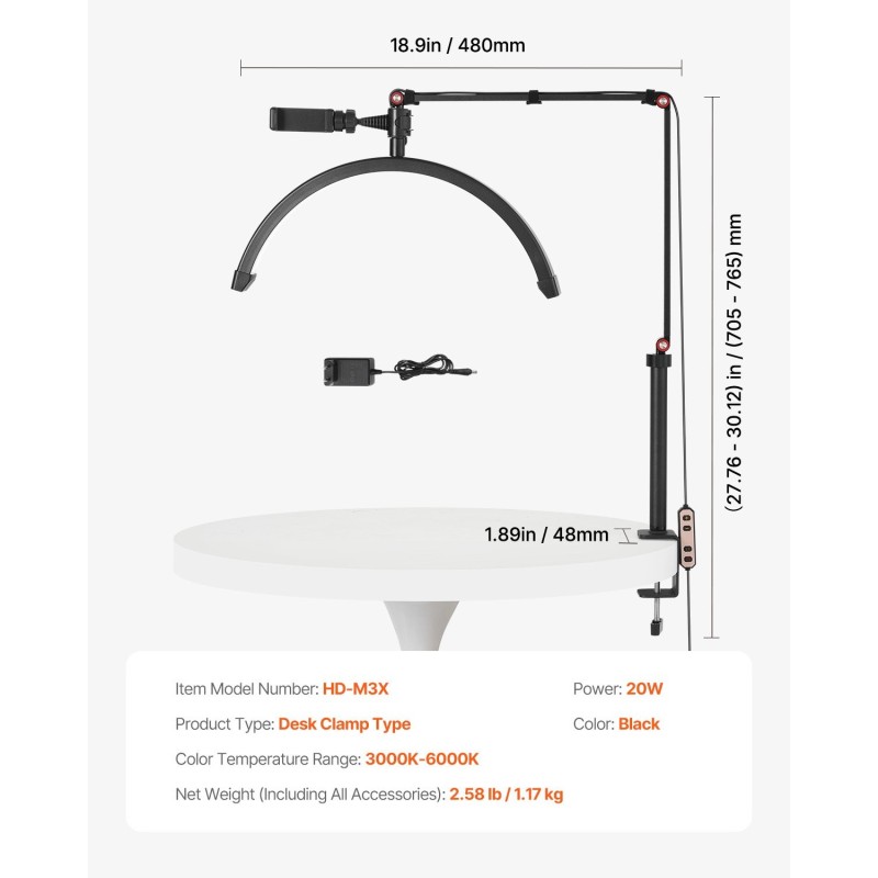 Pöytäkiinnitteinen puolikuun LED-valaisin alumiinirunko C-puristimella säädettävä 3000–6000K