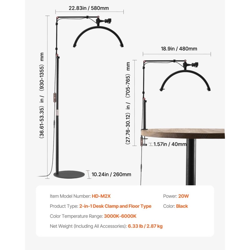 Puolikuun LED-työvalo kaksitoiminen lattiavalaisin ja pöytäkiinnike musta säädettävä värilämpötila