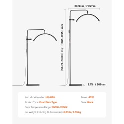 LED-lattiavalaisin puolikuun muotoinen alumiinijalusta 40W 3000–7000K kosmetologille