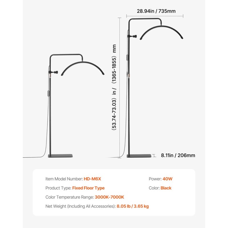 LED-lattiavalaisin puolikuun muotoinen alumiinijalusta 40W 3000–7000K kosmetologille