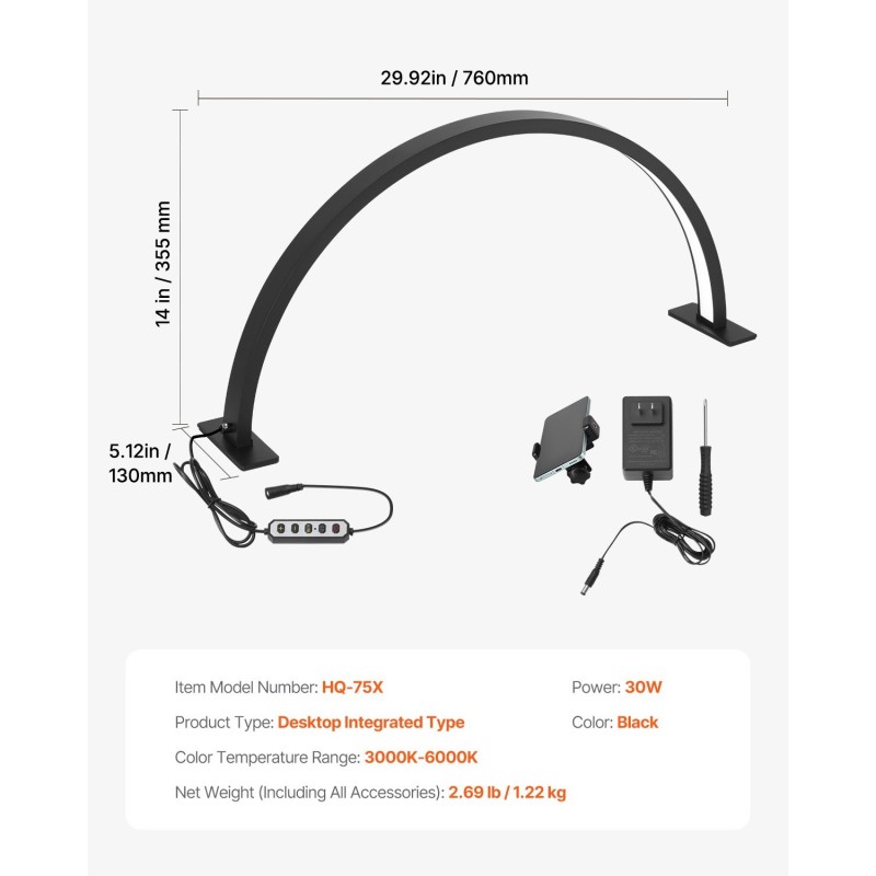 Pöytävalaisin alumiiniseosrunko puolikuun muotoinen musta säädettävä värilämpötila 3000–6000K kauneustyöhön