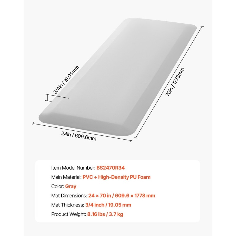 Kaatumismatto PVC-pintainen PU-vaahto 24×70 tuumaa 19 mm harmaa ikääntyneille ja potilaille