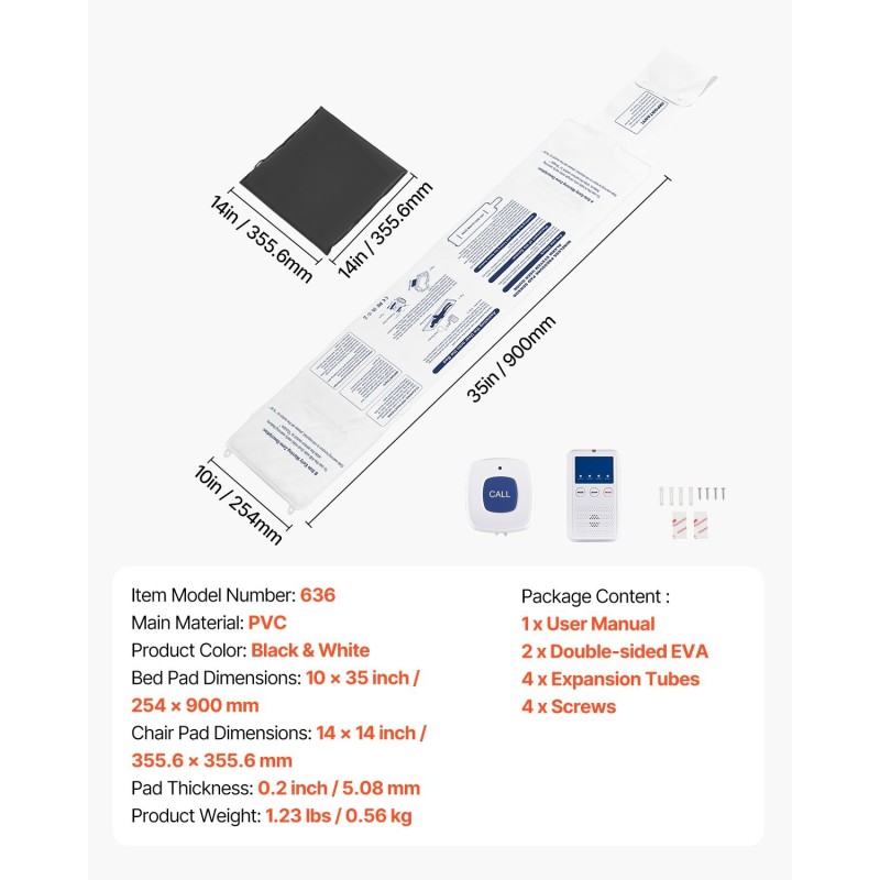 Vuode- ja tuolihälytinsetti muovisilla anturityynyillä 254x889 mm ja 355,6x355,6 mm