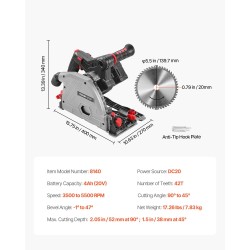 Akkukäyttöinen upotussaha puulle ja levyille 20V 4Ah 140 mm harjaton moottori