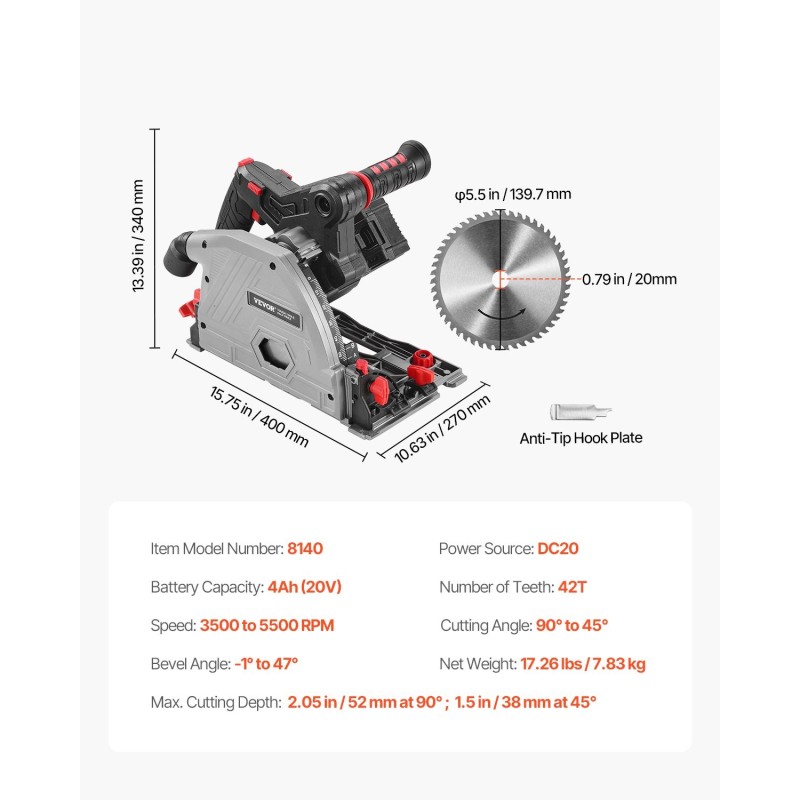 Akkukäyttöinen upotussaha puulle ja levyille 20V 4Ah 140 mm harjaton moottori