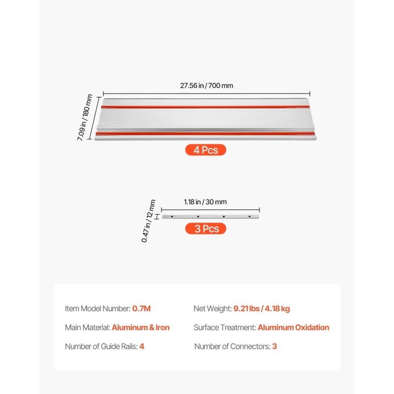 Alumiininen ohjainkiskosarja 4 kpl 699 mm 3 liitintä leikkuupituus 2794 mm